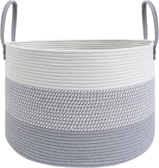 JMvicyroam 65L Extra Large Machine Washable Cotton Rope Blanket Basket | Collapsible laundry hamper, Reinforced handles, For blankets,pillows,toys and clothes, Living room and bedroom,White&Grey Mix