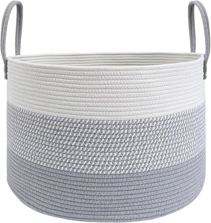 JMvicyroam 115L Extra Large Machine Washable Cotton Rope Blanket Basket | Collapsible laundry hamper, Reinforced handles, For blankets,pillows,toys and clothes, Living room and bedroom,White&Grey Mix