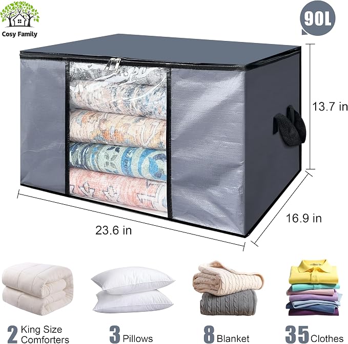 Cosy Family 6 Pack 90L Heavy Duty Extra Large Moving Bags with Reinforced Handle - Strong Handles & Zippers, Storage Totes For Space Saving, Fold Flat, Alternative to Moving Box, Grey