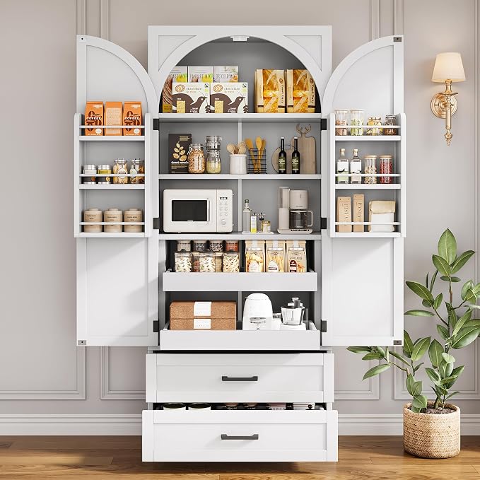 iPormis 71" Tall Kitchen Pantry Storage Cabinet w/Door and Adjustable Shelf & Large Drawers, Freestanding Kitchen Cupboard for Dining Room/Living Room, White
