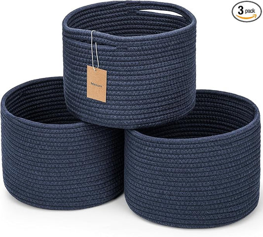 3 Pack Small Rope Storage Baskets, 9.82×9.82×7.1", Navy Blue | Cotton Basket for Gifts Empty, Cute Round Woven Basket, Decorative Shelf Basket Organizer, Organizing Basket for Shelves