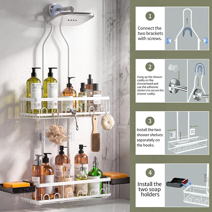Skyapex Shower Caddy Hanging: Adjustable Height Organizer for Over Showerhead - Rustproof Shower Shelves with Hooks & 2 Soap Holders, White
