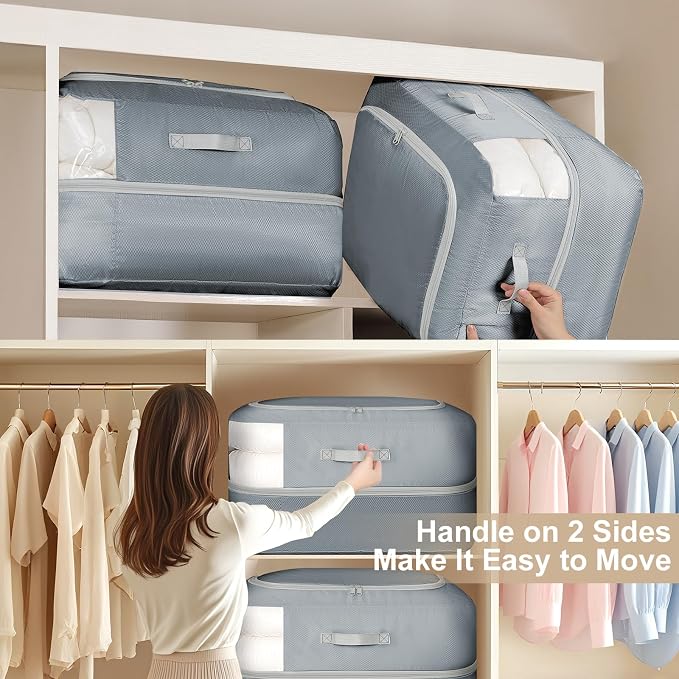 Comforter Storage Bag - 110L Large Capacity Blanket Storage Bags 2-Layer Ultra Space Saving Self Compression Organizer, Washable Compression Bags for Storage Comforter Blanket, 6-Pack, Grey