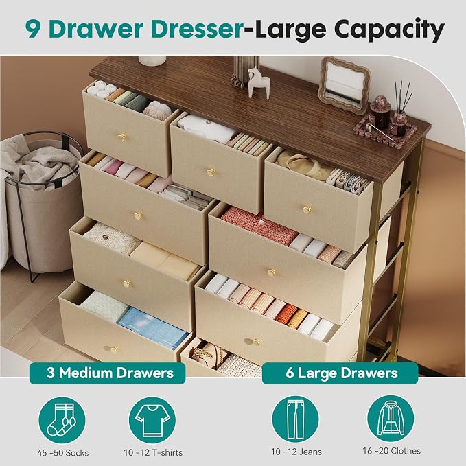 OLIXIS 9 Drawer Tall Dresser for Bedroom, Closet Organizers and Storage | Fabric Dresser with Wooden Top, Chest of Drawers for Clothes Storage, Tower Cabinet, Furniture, TV Stand, Khaki
