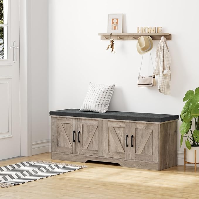 HOMSHO Farmhouse Shoe Storage Bench with 4 Barn Doors & Padded Seat Cushion | 47.2" Wide Entryway Bench with Adjustable Shelves & Hidden Storage, Greige