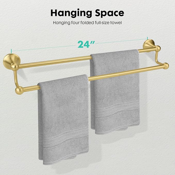 Antique Bathroom Double Towel Bar Brushed Gold, 24 Inch Towel Racks for Bathroom Wall Mounted,Bathroom Towel Holder,Two Towel Rod Hanger for Hotel