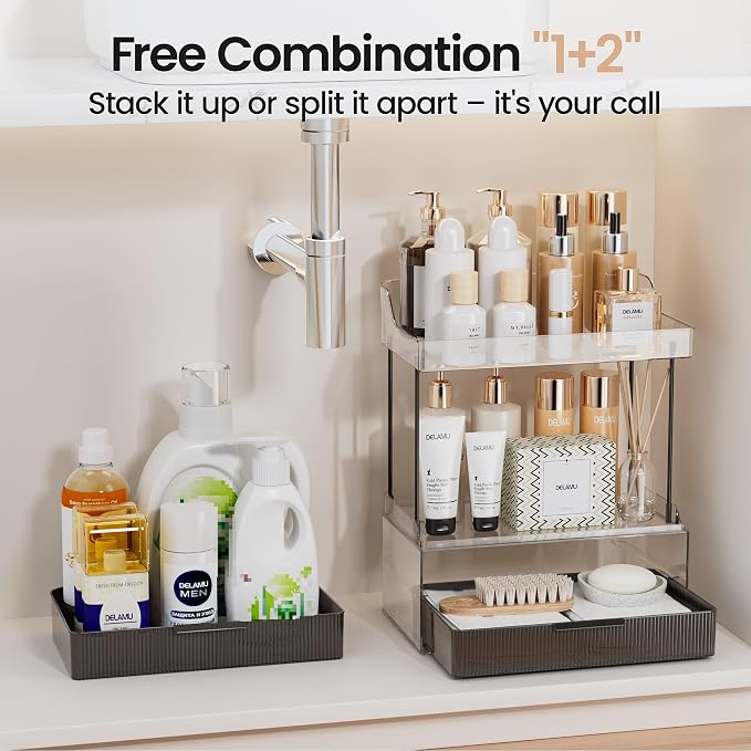 Delamu Bathroom Organizers and Storage, 2 Tier 2 Drawer Makeup Organizer Countertop, Easy to Install, Ideal for Bathroom Counter, Vanity, Large Skincare, Perfume, Present, Desk and More, Black | Elegant Vanity Organizer Gift for Women, Holds Perfume, S...