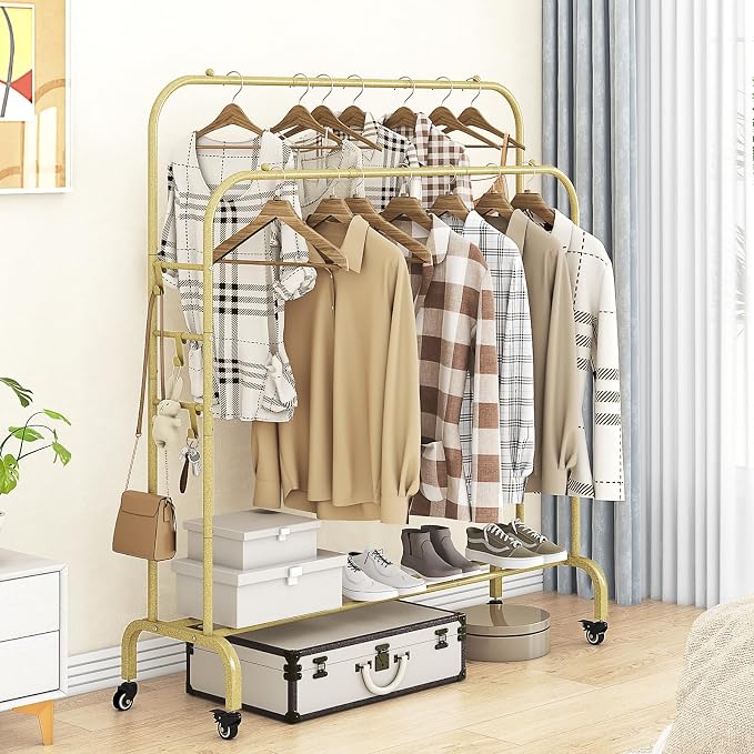 SUOERNUO Clothes Rack with Lockable Wheels Double Rods Metal Garment Racks | Portable Heavy-Duty Clothing Rack with Bottom, Rolling Clothes Shelves for Bedroom Laundry Living Room, Gold