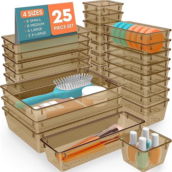 SpaceHacks 25 PCS Plastic Drawer Organizer Set, 4-Size Versatile Organizer Trays & storage Bins for Makeup, Jewelry, and Gadgets in Bathroom, Bedroom and Office,Champagne