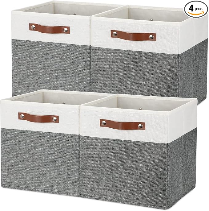 Temary Storage Cubes 12x12 Fabric Cube Storage Bins Foldable Storage Baskets with Handles, Decorative Storage Boxes for Organizing, Home, Office, Nursery, Shelf, Closet (White & Grey, 12 x 12 x 12)