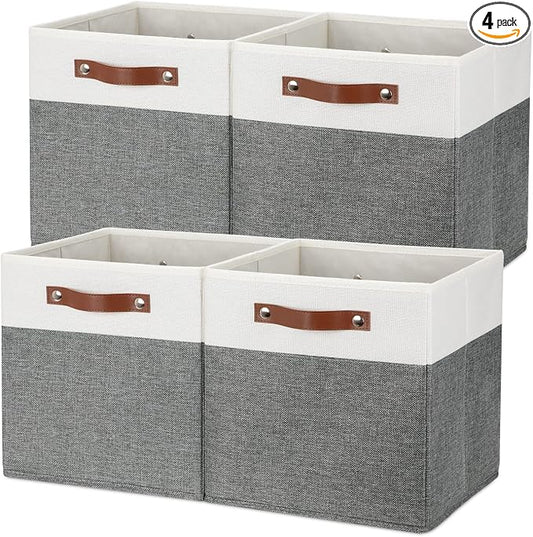 Temary Storage Cubes 12x12 Fabric Cube Storage Bins Foldable Storage Baskets with Handles, Decorative Storage Boxes for Organizing, Home, Office, Nursery, Shelf, Closet (White & Grey, 12 x 12 x 12)