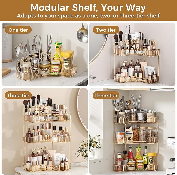 BEFSOP Corner Bathroom Counter Organizer, Upgraded 3-Tier Makeup Organizer Countertop with Makeup Brush Holder, Skincare Exquisite Vanity Organizers Countertop Bathroom Storage Dresser(GOLD)