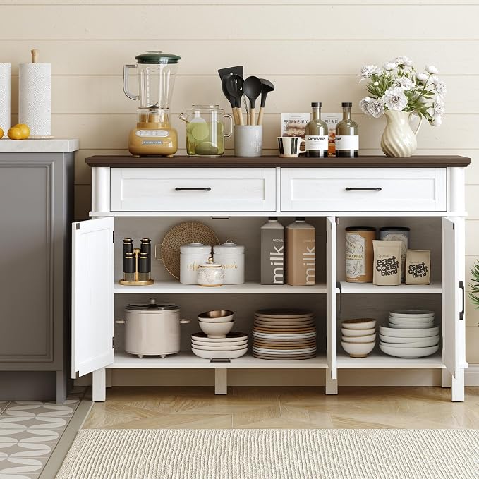55 Inch Buffet Cabinet with Storage, Farmhouse Sideboard Buffet w/2 Drawers and 3 Doors, Wood Coffee Bar Cabinet with Adjustable Shelves, Sideboard Storage for Kitchen, Living Room, Off White