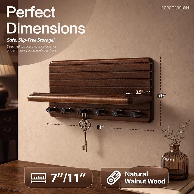 Walnut Wood Key Holder Wall Mount with Round-Corner for Room Decor, Brown | 6 Sturdy Key Hooks, Funtional Floating Shelf, Double as Mail Holder, Ideal for Home Decor, Rustic Apartment Essentials