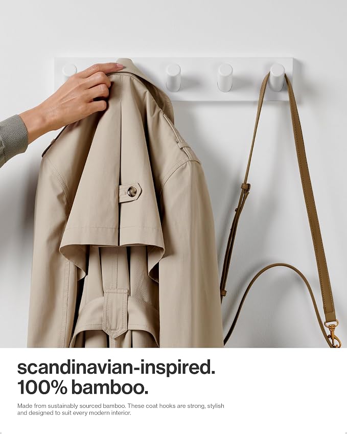 LARHN Wall Mounted Coat Rack, White with 5 Heavy-Duty 1" Diameter Hooks | (2-Pack), 16.5" - Wall Hook Rack - Modern Scandinavian Home Decor