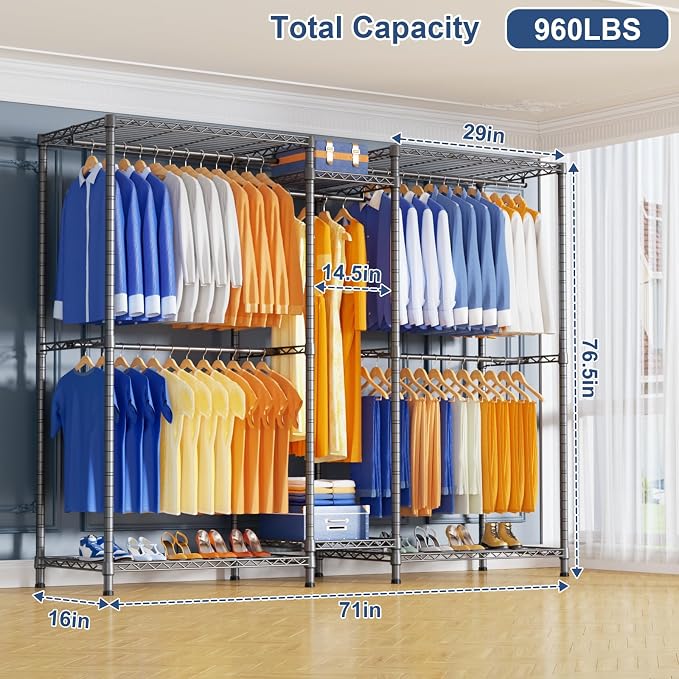 E12 Pro Clothes Rack，Heavy Duty Freestanding Garment Rack with Shelves，Metal Clothing Closet Storage System for Hanging Clothes，71" W x 16" D x 76.5" H, Hold 960 lbs，Grey