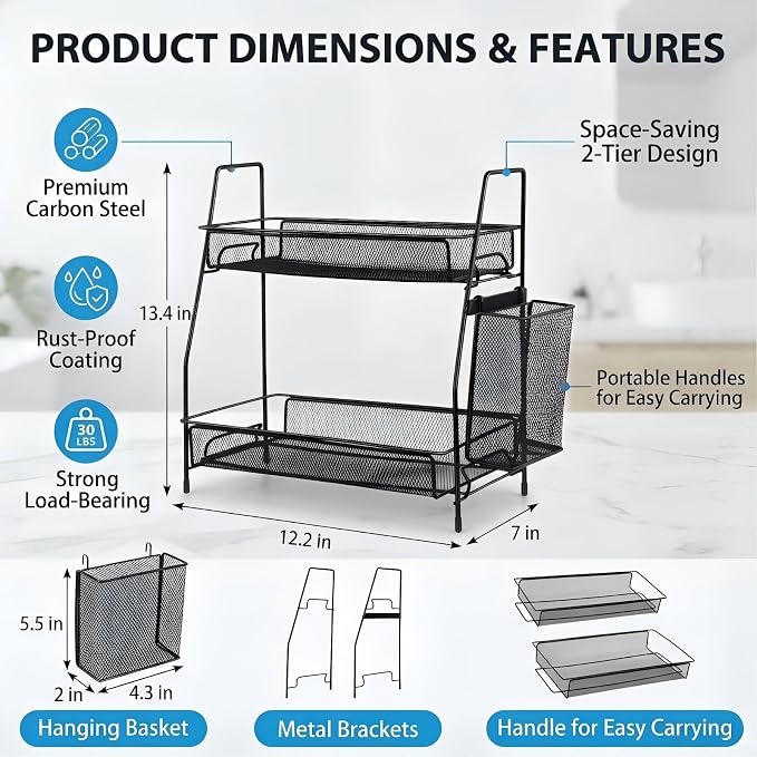 2-Tier Bathroom Countertop Organizer,Skincare, Makeup Countertop Organizers, Kitchen, Bathroom Counter Storage with Small Basket (Black)