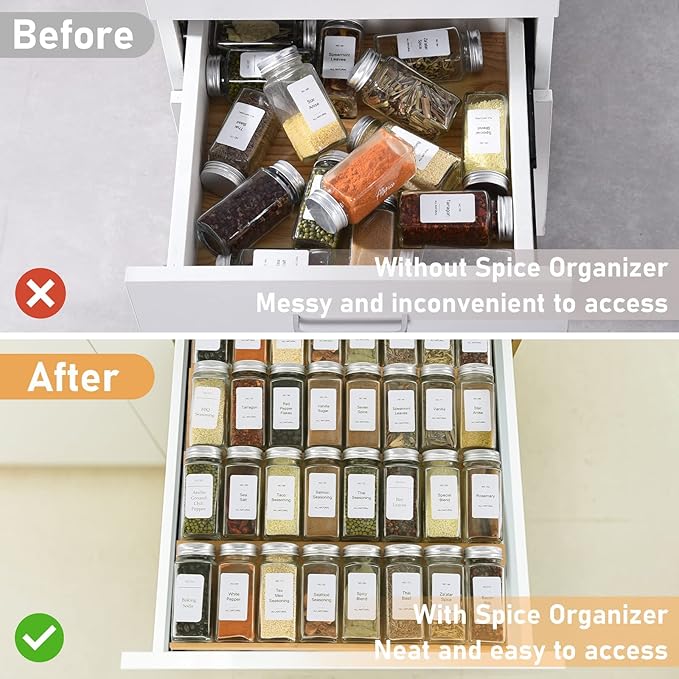 Spice Drawer Organizer with 20 Spice Jars,216 Labels,50 Non-slip Rubber, Bamboo 4 Tier Seasoning Rack Tray Insert for Kitchen Drawers,Cabinets,Countertop,9" Wide x 15.8" Deep