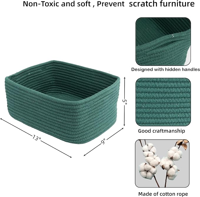 XUANGUO Small Woven Storage Baskets for Shelves, 13" x 9" x 5", Dark Green | Decorative rope storage bins for closets and toy storage; cute organizer baskets, empty gift baskets and nursery storage.