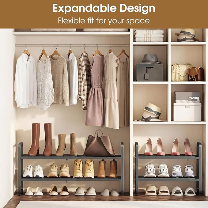 SAYZH 2-Tier Expandable Shoe Rack for Closet, Adjustable Metal Shoe Organizer with Sturdy Mesh Shelves for Boots & Heels, Stackable Shoe Storage for Entryway, Garage, Small Spaces (Grey, 2-Tier)