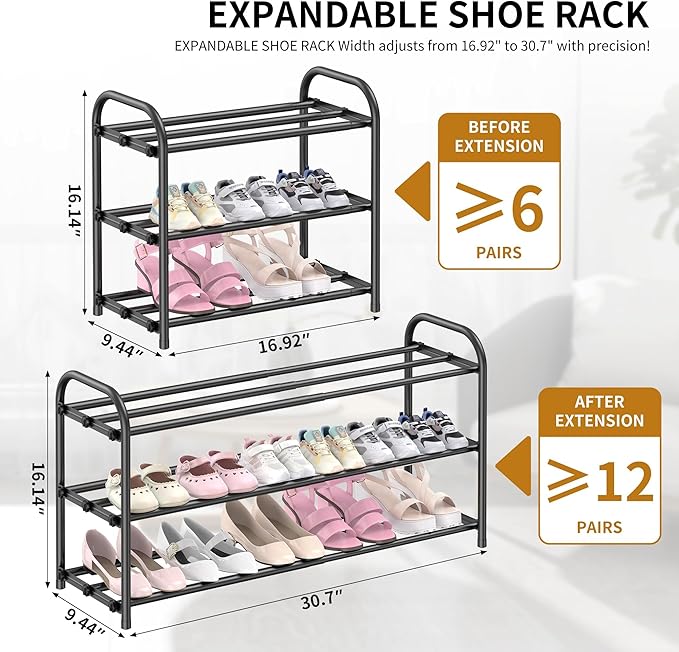 Hleelomi 3-Tier Metal Expandable Shoe Rack for Closet and Entryway Black | Adjustable Shoe Organizer for Closet,Living Room,Dorm,Garage,Fits Small Spaces, Apartments and Rentals