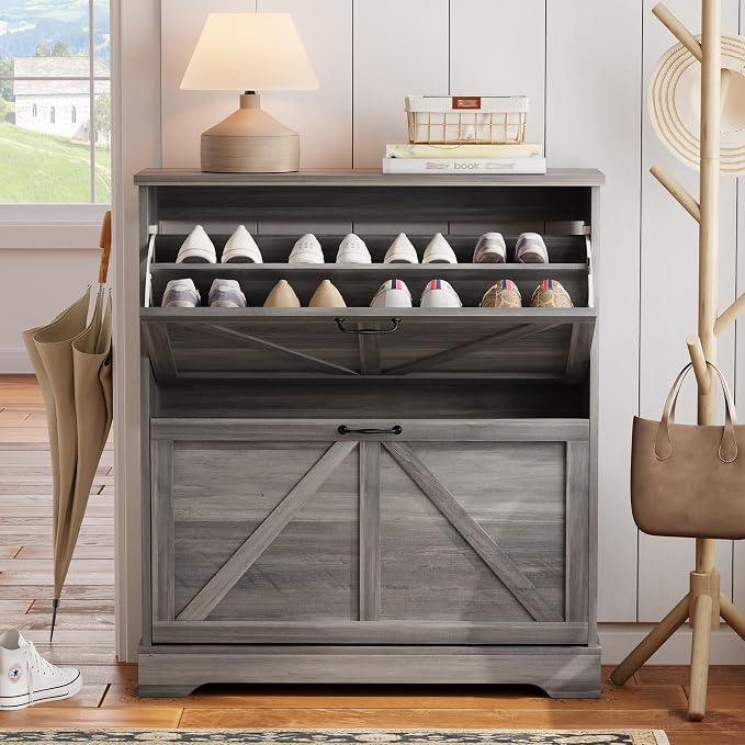 Semiocthome Farmhouse Shoe Storage Cabinet with 2 Flip Drawers, 31.5"(W) Freestanding Shoe Organizer with Barn Door and Metal Handles for Entryway, Rustic Narrow Slim Shoe Rack Cabinet - Washed Gray