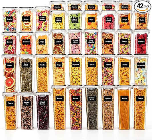 42 PCS Airtight Food Storage Containers with Lids, BPA Free Clear Plastic Kitchen and Pantry Organization and Storage Set for Flour, Sugar, Cereal, Pasta, Includes 42 Labels and Marker