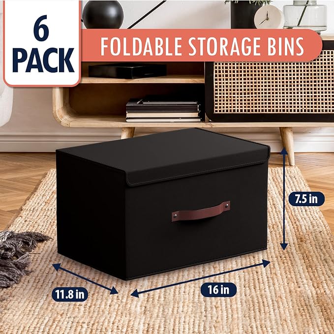 Ornavo Home 6 Pack Collapsible Storage Bins with Lid, 16.5x11.8x7.5, Black | Foldable Linen Fabric; Faux Leather Handles; Ideal Closet Organizer & Large Storage Box for Clothes and Shelves