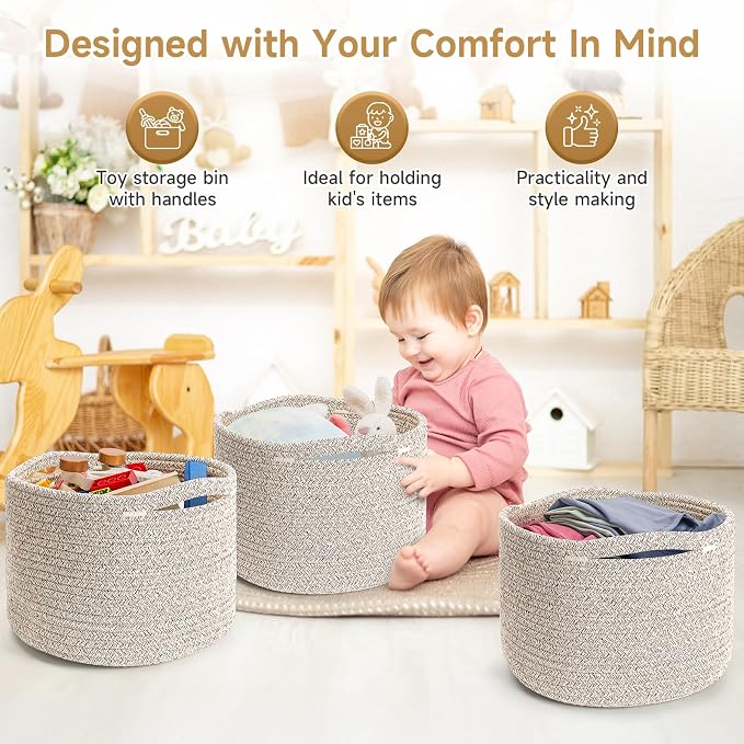 3 Pack Small Rope Storage Baskets, 9.82×9.82×7.1", Brown | Cotton Basket for Gifts Empty, Cute Round Woven Basket, Decorative Shelf Basket Organizer, Organizing Basket for Shelves