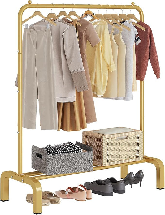 Garment Rack Clothing Clothes Rack for Clothes Organizing Gold | Standard Metal 34 Inches Garment Rack with Bottom Shelf for Hanging Clothes Coats Jackets Shirts Sweaters Jeans Gold