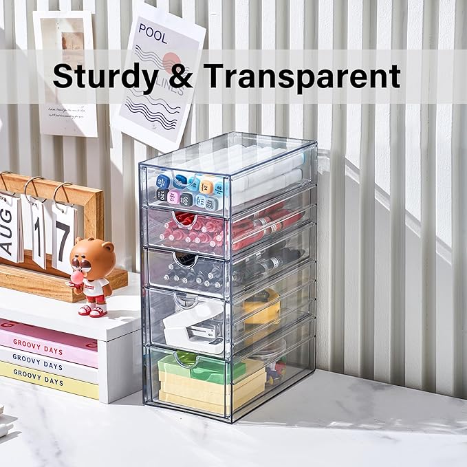 Prsildan Hair Accessories Organizer Acrylic Drawer with 5 Small Drawers | Clear, For Bathroom Vanity Office Desk, Jewelry Makeup Storage