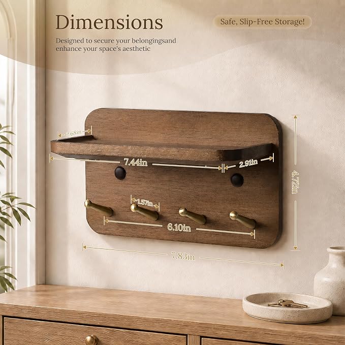 Key Holder Wall Mount, Solid Wood Key Holder for Wall with 4 Brass Hooks & Hidden Magnets, 15° Incline Hooks & Grooved Design to Prevent Slipping, Vintage Brown Key Hanger