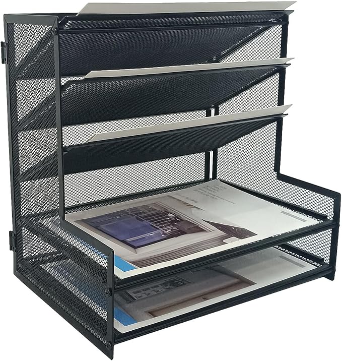 SETTFRFE 5-Tier Metal Desk File Organizer, File Tray Rack | 3 Slanted+2 Horizontal Paper File Holder for Office Supplies,Multi Layer Letter Tray,Home Office Desktop Storage Rack,Black