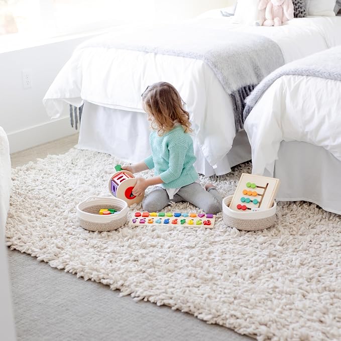 NaturalCozy 5-Piece Round Woven Cotton Rope Storage Baskets for Organizing, Small Shallow Nesting Set for Montessori Toys, Entryway Catchall, Fruit Bowl, Key Tray, Remote Holder, Nursery & Pet Toys