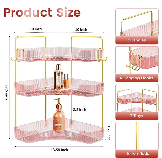 Corner Bathroom Counter Organizer 3-Tier Bathroom Organizer | Storage Countertop with Hooks Perfume Organizers Storage Shelf for Makeup & Skincare Dresser-Pink