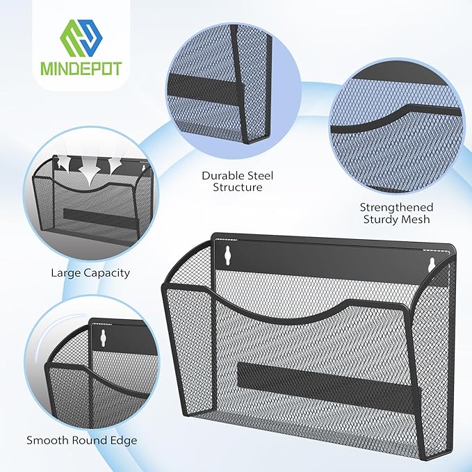 MINDEPOT Magnetic Wall File Organizer, Hanging File Holder, 1 Pack, Black | Heavy Duty Iron, Powerful Magnet, Metal Mesh Wall Mount, Single Pocket, for Office School Classroom Home, Letter A4 Size