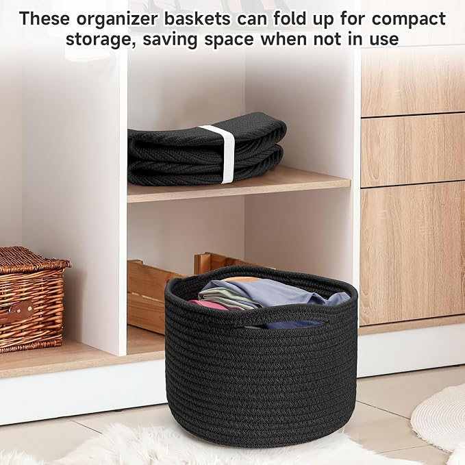 3 Pack Small Rope Storage Baskets, 9.82×9.82×7.1", Black | Cotton Basket for Gifts Empty, Cute Round Woven Basket, Decorative Shelf Basket Organizer, Organizing Basket for Shelves