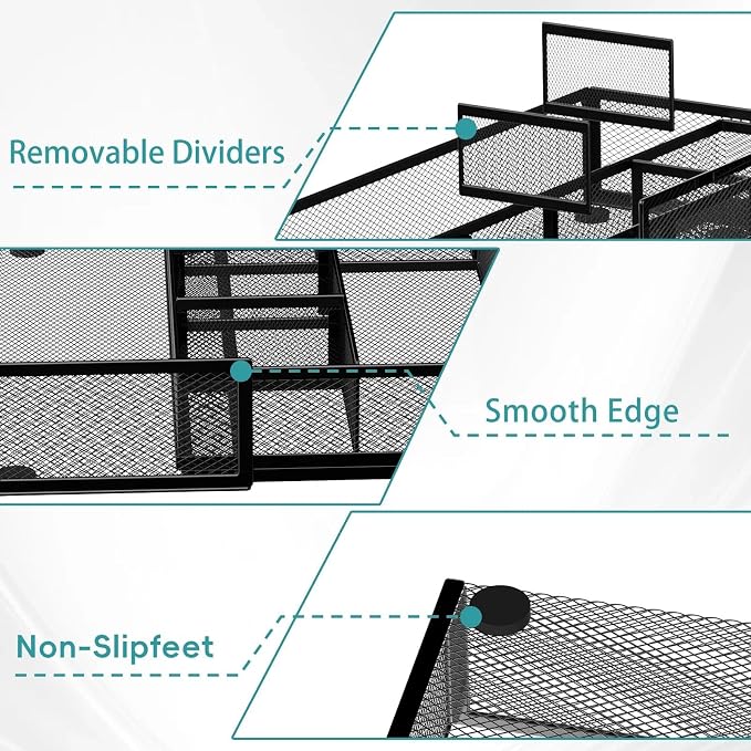 Expandable Desk Drawer Organizer, 10 Adjustable Compartments, Black | Metal mesh drawer organizer tray with 5 removable dividers, expands from 8.74 to 16 in for office supplies, makeup or tools