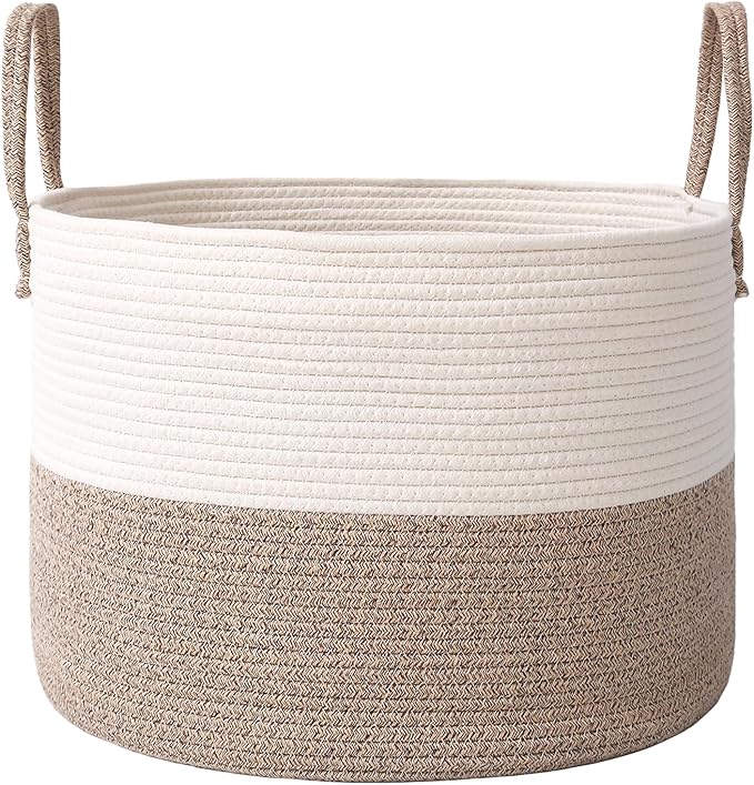 JMvicyroam 115L Extra Large Machine Washable Cotton Rope Blanket Basket | Collapsible laundry hamper, Reinforced handles, For blankets, pillows, toys and clothes, Living room and bedroom, White&Brown