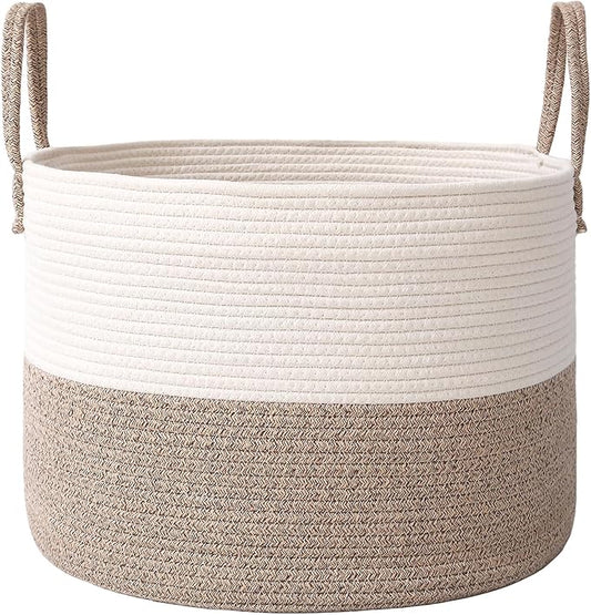 JMvicyroam 115L Extra Large Machine Washable Cotton Rope Blanket Basket | Collapsible laundry hamper, Reinforced handles, For blankets, pillows, toys and clothes, Living room and bedroom, White&Brown