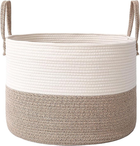 JMvicyroam 65L Extra Large Machine Washable Cotton Rope Blanket Basket | Collapsible laundry hamper, Reinforced handles, For blankets, pillows, toys and clothes, Living room and bedroom, White&Brown