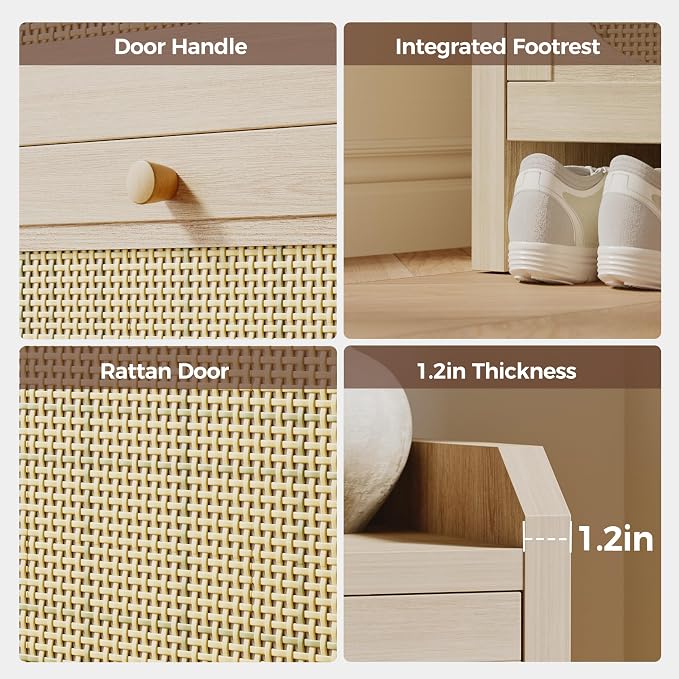 Shoe Cabinet Storage for Entryway with 2 Flip Drawers(3-Tier), Rattan Freestanding with Door & 3 Adjustable Shelve,Hidden Shoe Rack Organizer for Hallway, Foyer