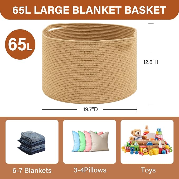 Foldable Laundry Hamper Basket with Collapsible Handle Cotton Rope Soft Woven Fabric Storage Organizer Clothes Toys Nursery Bedroom Dorm Space Saving Bin (Camel, 65L(19.7"D x 12.6"H))
