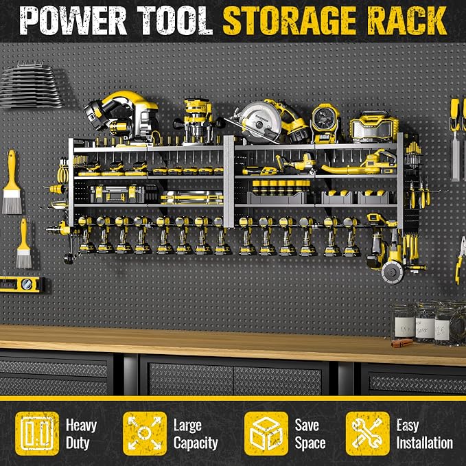 66" W Power Tool Organizer Wall Mount,4-Layer,18 Cordless Drills | Large Tool Storage Rack, Heavy Duty 600 lb Load Capacity for Garage Workshop, Black, Gift for Men