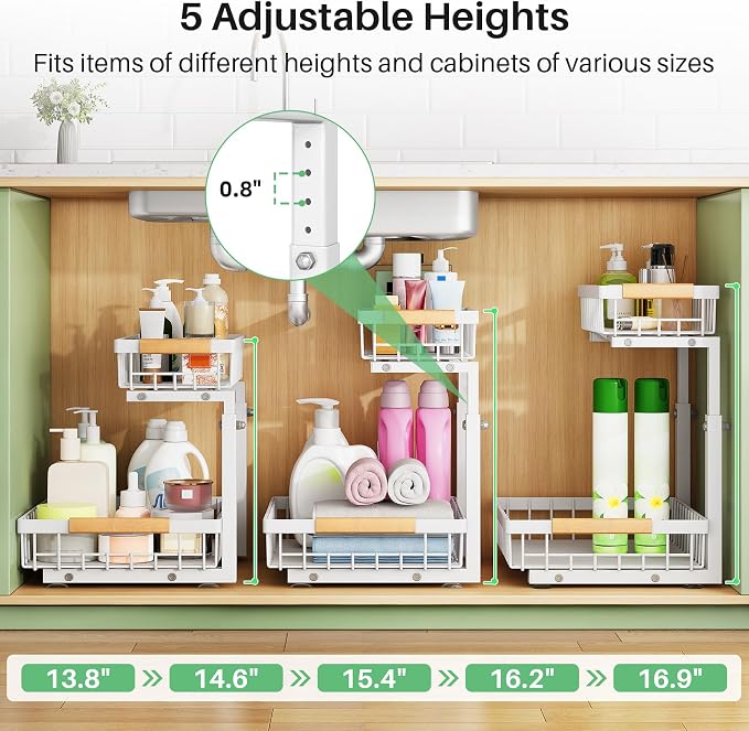 Kitstorack Under Sink Organizer, 2 Tier Under the Sink Storage, Slide out Pull out Cabinet Organizer Shelf, Metal Sliding Drawer for Kitchen Bathroom Pantry Closet Organization Rack, White, 2 Pack