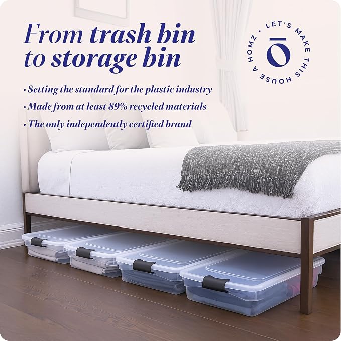 HOMZ 4-Pack Under Bed Storage, Clear Plastic Containers with Lids, 60 Quart, Gray Latch - Stackable Underbed Organizer Bins for Shoes, Bags, Clothes, and Towels