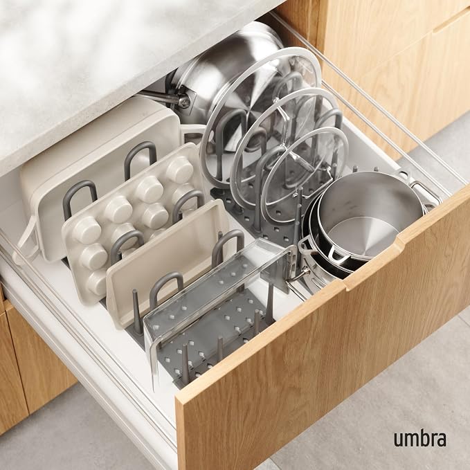 Peggy Kitchen Drawer Cupboard Organizer Tray - Adjustable Storage System For Food Containers, Cookware, Serveware, Utensils and More, Large, Grey | Adjustable peg system keeps cookware, containers, lids, utensils, and serveware organized