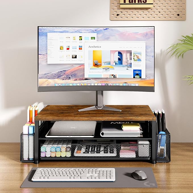 OPNICE Desk Organizer and Accessories, 2-Tier Computer Monitor Stand Riser with Drawer and 2 Pen Holders, Laptop Stand, Office Desk Accessories for Office Supplies, 1 Pack, Brown