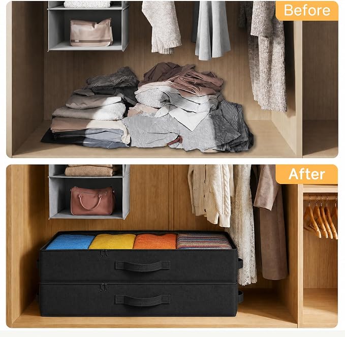TidyCorner 2-Pack Under Bed Storage Containers, 4.5 Inches Tall Low Profile Underbed Clothes Storage Organizer Bin with Sturdy Sidewalls/Bottom, Underbed Storage Bins, Black