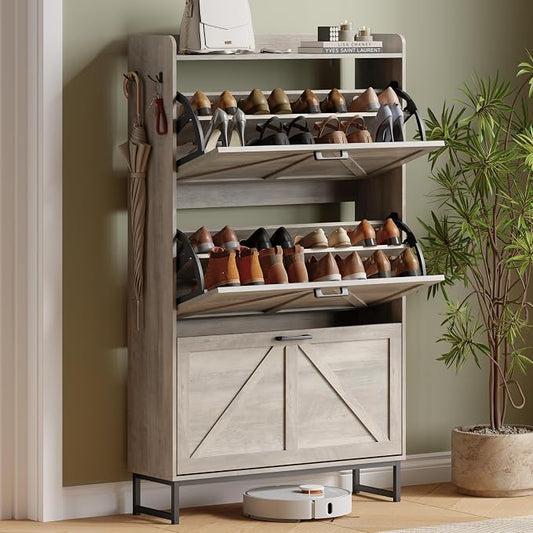 Shoe Cabinet with 3 Flip Drawers, Freestanding Hidden Shoe Storage Organizer for Entryway, Narrow Slim Shoe Rack Cabinet with Open Storage & Hooks for Front Door Entrance, Living Room, Hallway, Grey